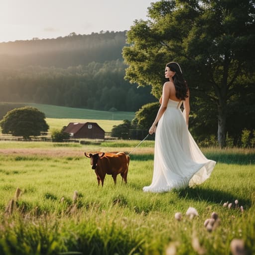  one cow and one children cow. They are doing at green farm for eat. hyperrealistic, full body, detailed clothing, highly detailed, cinematic lighting, stunningly beautiful, intricate, sharp focus, f/1. 8, 85mm, (centered image composition), (professionally color graded), ((bright soft diffused light)), volumetric fog, trending on instagram, trending on tumblr, HDR 4K, 8K