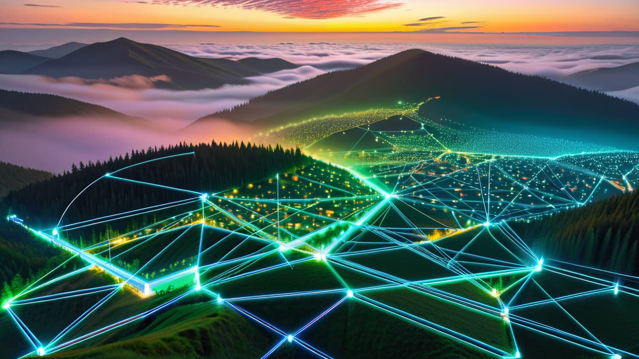  a vibrant digital landscape featuring interconnected nodes representing popular apis like google maps, twitter, and stripe, with flowing data streams and glowing connections, set against a futuristic backdrop of code and technology motifs. hyperrealistic, full body, detailed clothing, highly detailed, cinematic lighting, stunningly beautiful, intricate, sharp focus, f/1. 8, 85mm, (centered image composition), (professionally color graded), ((bright soft diffused light)), volumetric fog, trending on instagram, trending on tumblr, HDR 4K, 8K