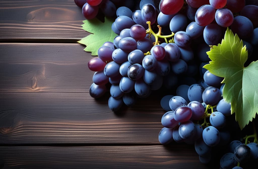  Dark rustic wooden table with grapes; top view; leave room for text on one side ar 3:2 high quality, detailed intricate insanely detailed, flattering light, RAW photo, photography, photorealistic, ultra detailed, depth of field, 8k resolution , detailed background, f1.4, sharpened focus