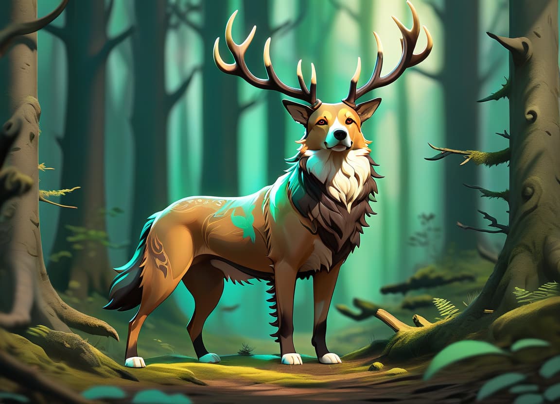  concept art animal, mythical animal, dog with full stag horns, forest, dog, forest spirit animal . digital artwork, illustrative, painterly, matte painting, highly detailed