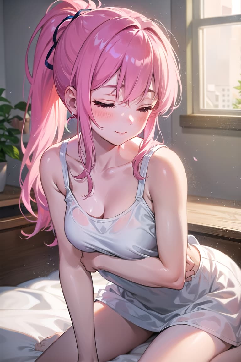  r 18, , middle , pink haired ,ponytail,large eyes,A woman, alone in her bedroom, lies on her bed, eyes closed, a soft smile on her flushed face. She wears a loose white tank top, baring her shoulders, and her hands gently explore her body, one on her , the other hidden beneath the sheets, tracing her waist. The camera captures her relaxed expression from a low angle, with soft lighting and tangled sheets adding to the atmosphere..