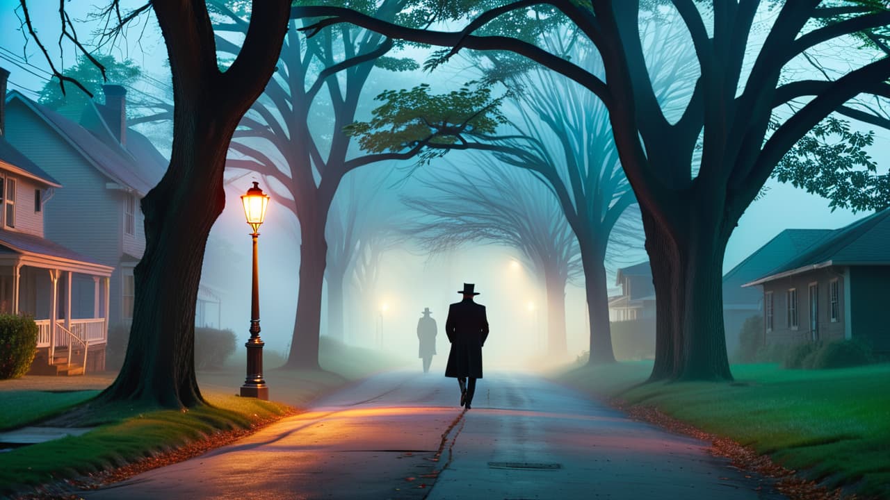  a shadowy figure lurks beneath a flickering streetlamp in a deserted alley, while ghostly apparitions hover near an abandoned house, with eerie fog swirling around mythical creatures hidden in the darkened trees. hyperrealistic, full body, detailed clothing, highly detailed, cinematic lighting, stunningly beautiful, intricate, sharp focus, f/1. 8, 85mm, (centered image composition), (professionally color graded), ((bright soft diffused light)), volumetric fog, trending on instagram, trending on tumblr, HDR 4K, 8K