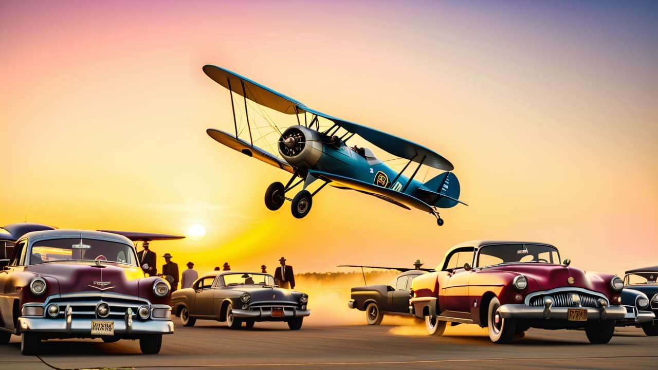  a vintage biplane soaring above a bustling 1920s airfield, surrounded by classic cars, enthusiastic crowds, and early aviation pioneers, with a golden sunset casting a warm glow over the scene. hyperrealistic, full body, detailed clothing, highly detailed, cinematic lighting, stunningly beautiful, intricate, sharp focus, f/1. 8, 85mm, (centered image composition), (professionally color graded), ((bright soft diffused light)), volumetric fog, trending on instagram, trending on tumblr, HDR 4K, 8K