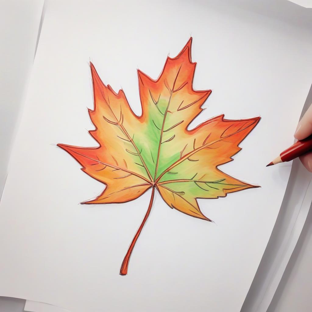  sketching with short strokes, with a red, orange and green colors, close up, maple leaf. contours. white background