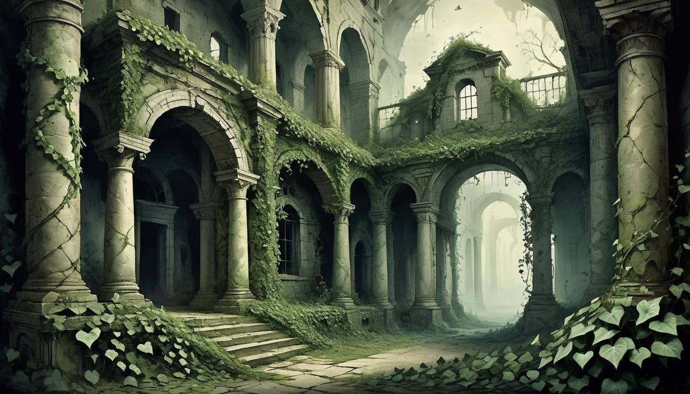  on parchment, surrealism+++, ancient, decaying ruins, covered in creeping ivy, dark secrets, desolate, forgotten, irony(mysterious, provocative, symbolic,muted color)+++