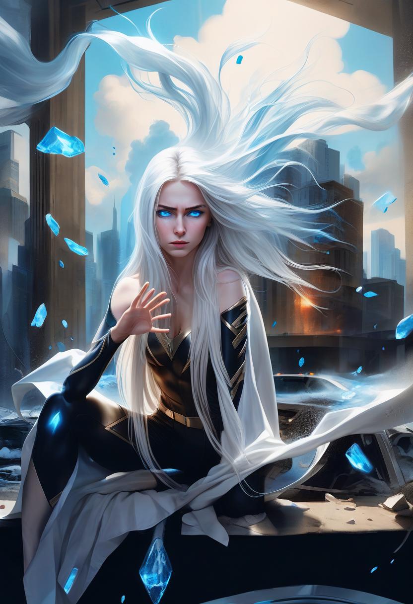  a girl with superpower, releases cold from the palm, a front view, white long loose hair, modern clothes, bright blue eyes