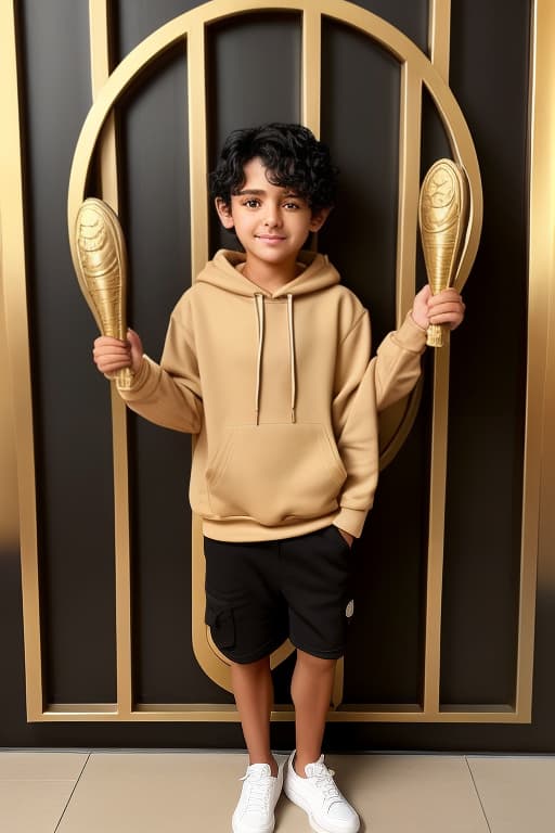  cute short boy modern very short curly black hair tanned skin shy face holding a big gold sheild somehow round face beige closed hoddie hands in his pocket short neck