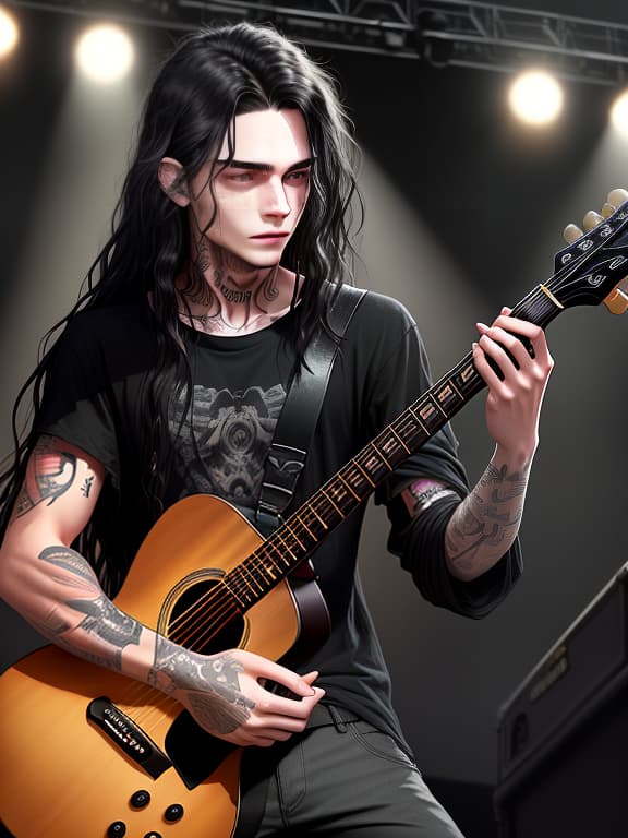  young man, long wavy black hair, lots of freckles, lots of tattoos, wears black baggy shirt, sleeves rolled up, plays guitar, concert background