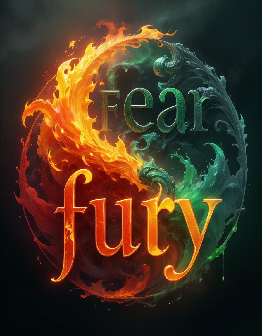  (masterpiece, uhd, digital painting:1.3), dynamic calligraphy lettering art, bold text "fury" in fiery capital letters, (flames cascading:1.2), contrasting with text "fear" in dripping poison capital letters, (toxic green hues:1.2), intricate layering, swirling fire and poison visual effects, (abstract lettering:1.3), yin yang composition, (harmonious balance:1.1), vibrant colors, energetic movement, rich textures, glowing embers, dark shadows, dramatic lighting, deep emotional resonance, captivating and intense atmosphere, center focused design, circular flow, inviting exploration of duality., civitai hyperrealistic, full body, detailed clothing, highly detailed, cinematic lighting, stunningly beautiful, intricate, sharp focus, f/1. 8, 85mm, (centered image composition), (professionally color graded), ((bright soft diffused light)), volumetric fog, trending on instagram, trending on tumblr, HDR 4K, 8K