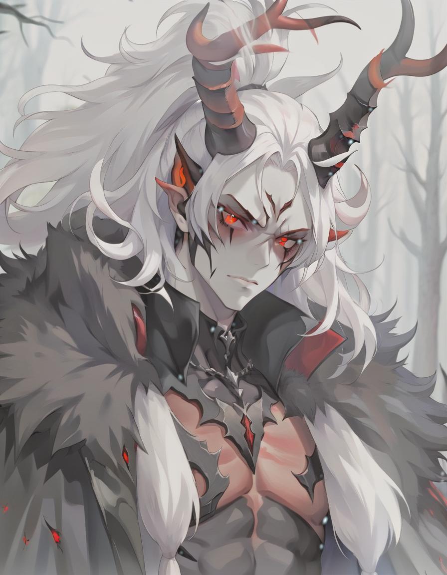  man demon, white skin. red eyes, white hair, red horns, black fur coat, dense forest in the background