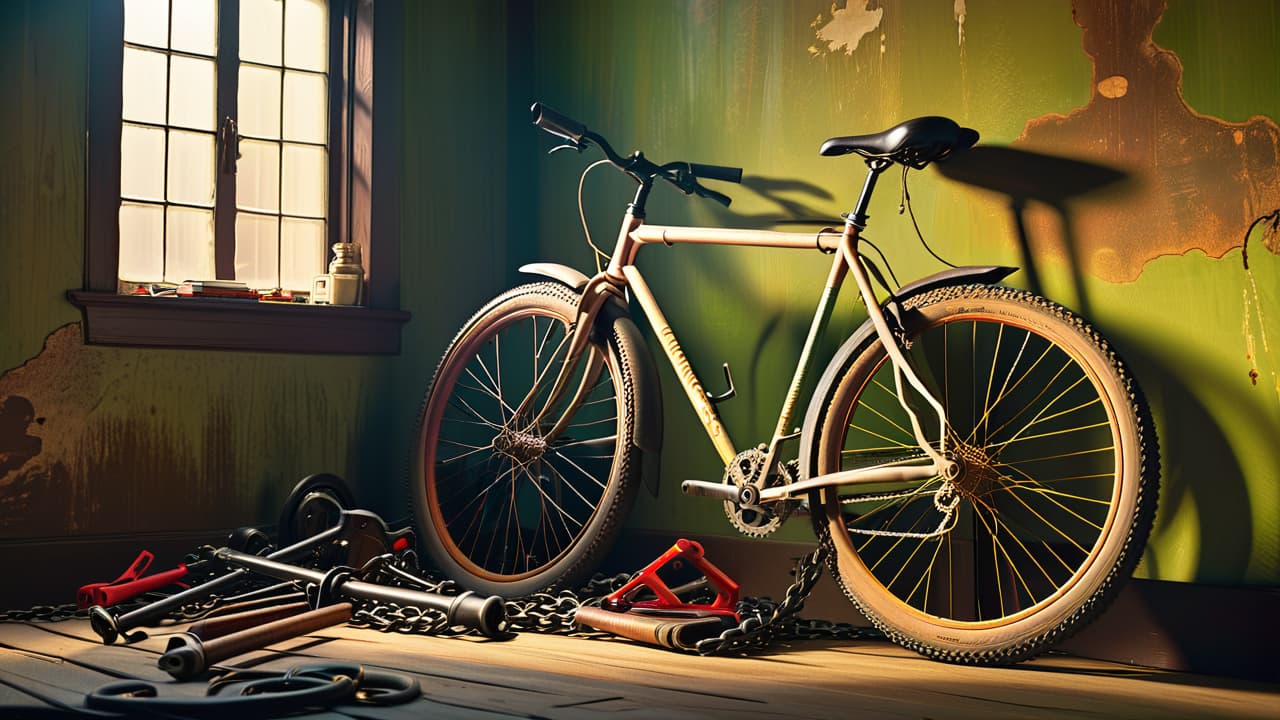  a rusty bicycle with a frayed chain, flat tires, and a cracked frame resting against a weathered wall, surrounded by scattered tools and faded maintenance manuals, illuminated by soft, natural light. hyperrealistic, full body, detailed clothing, highly detailed, cinematic lighting, stunningly beautiful, intricate, sharp focus, f/1. 8, 85mm, (centered image composition), (professionally color graded), ((bright soft diffused light)), volumetric fog, trending on instagram, trending on tumblr, HDR 4K, 8K