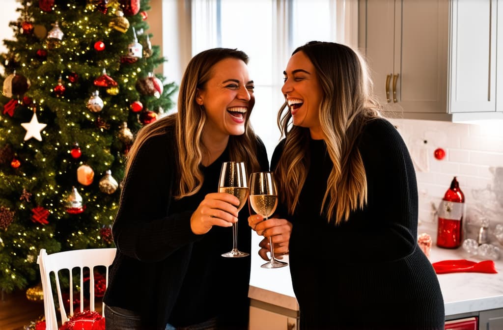  professional detailed photography, two funny friends celebrate christmas, laugh, rejoice, drink champagne at a party in a decorated bright kitchen near a christmas tree at home. without red color ar 3:2, (muted colors, dim colors, soothing tones), (vsco:0.3)