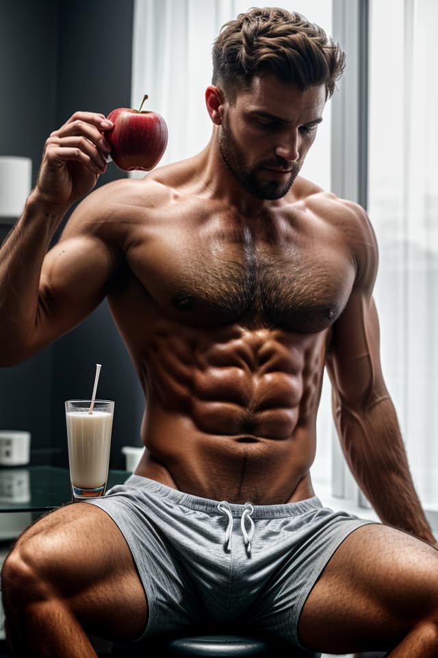  a man. half side left is his body when he started working out 3 months ago. and right ist his body now. and he's eating an apple and drinking a glass of milk., hq, hightly detailed, 4k