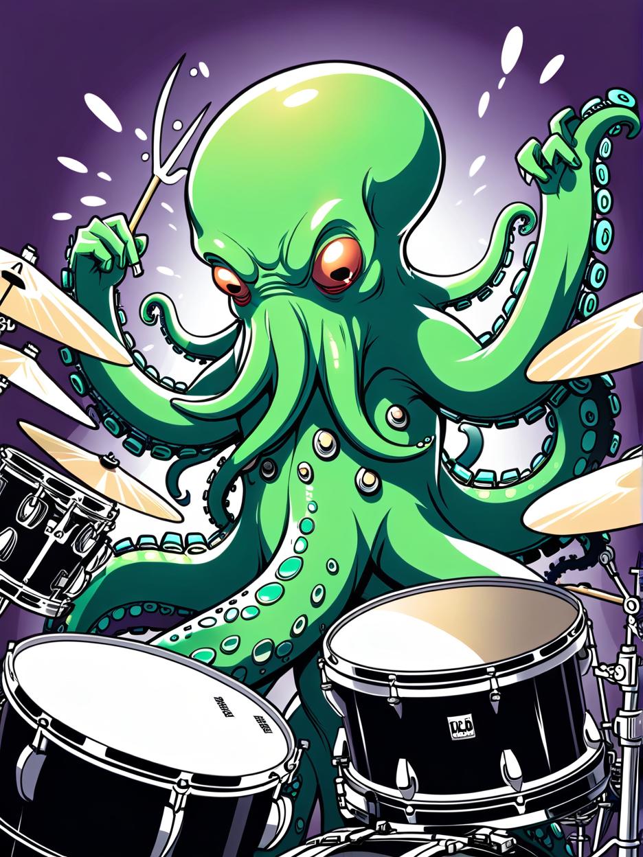  manga artwork green octopus playing drumkit. manga artist. manga, highly emotional. best quality, high resolution