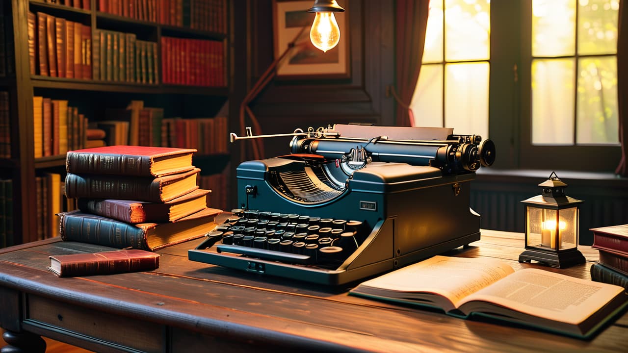  a vintage typewriter on an aged wooden desk, surrounded by historical artifacts like a quill, old books, and a globe, with soft candlelight illuminating the scene, evoking the essence of historical fiction writing. hyperrealistic, full body, detailed clothing, highly detailed, cinematic lighting, stunningly beautiful, intricate, sharp focus, f/1. 8, 85mm, (centered image composition), (professionally color graded), ((bright soft diffused light)), volumetric fog, trending on instagram, trending on tumblr, HDR 4K, 8K