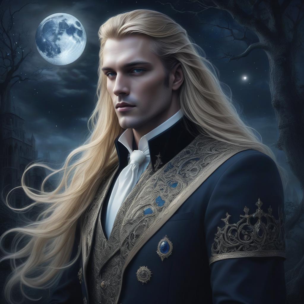  dreamscape aristocrat man, dark fantasy art, long blonde hair, grace, majesty, night and moon . surreal, ethereal, dreamy, mysterious, fantasy, highly detailed