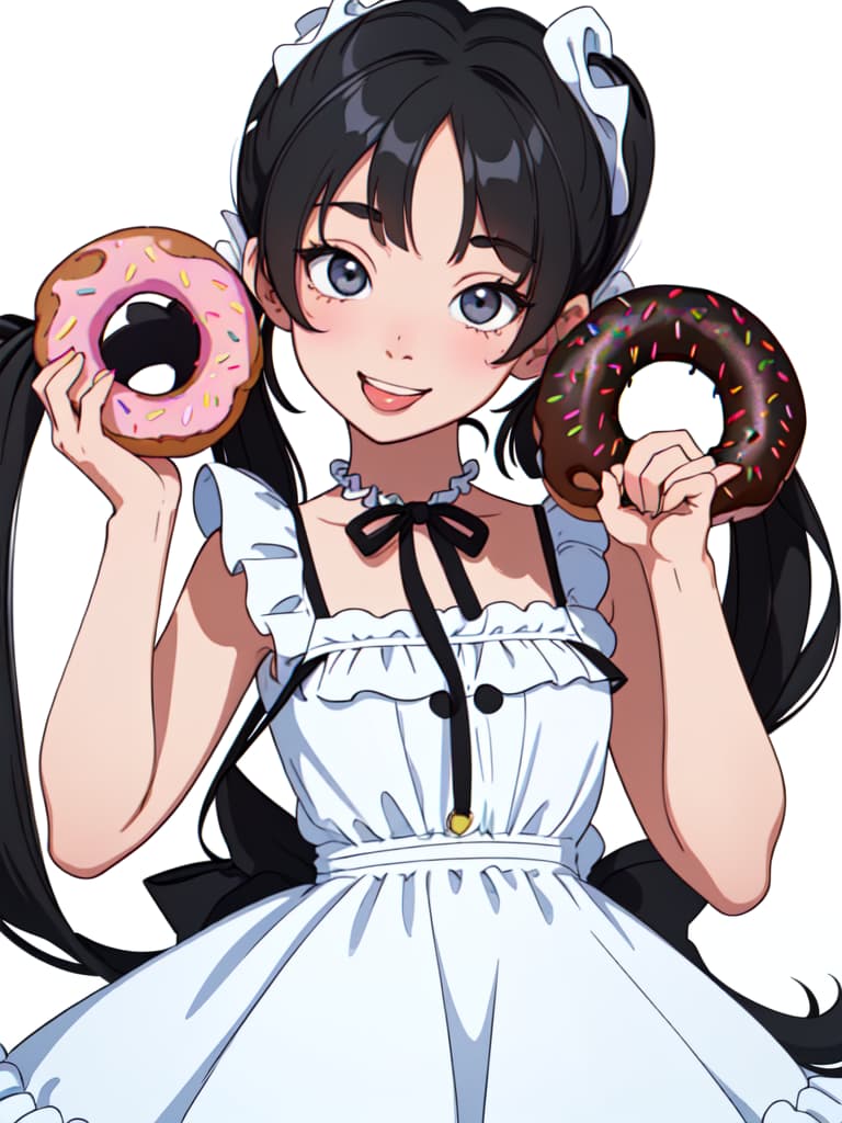  ultra detailed:1.2,masterpiece:1.2,best quality,masterpiece,bestquality,hdr:1.1,8k:1.1,very cute girl:1.3,(right hand up,holding donut:1.4),(reaching right hand at viewer :1.4)((eye peeking through the donut hole:1.4)),grin smile ,(close mouth:1.5),(tongue out:1.2),(frill sundress,ribbon strap:1.4),upper body:1.5,(face focus:1.4),(low twin tail:1.5),(hair over eye:1.3),(black hair:1.3),(white background color:1.4),ribbon choker:1.3,(head tilt:1.4),(looking at viewer:1.3)