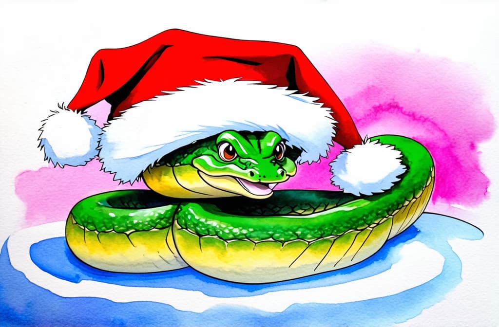  artwork a kind snake in a santa claus hat ar 3:2, watercolor techniques, featuring fluid colors, subtle gradients, transparency associated with watercolor art