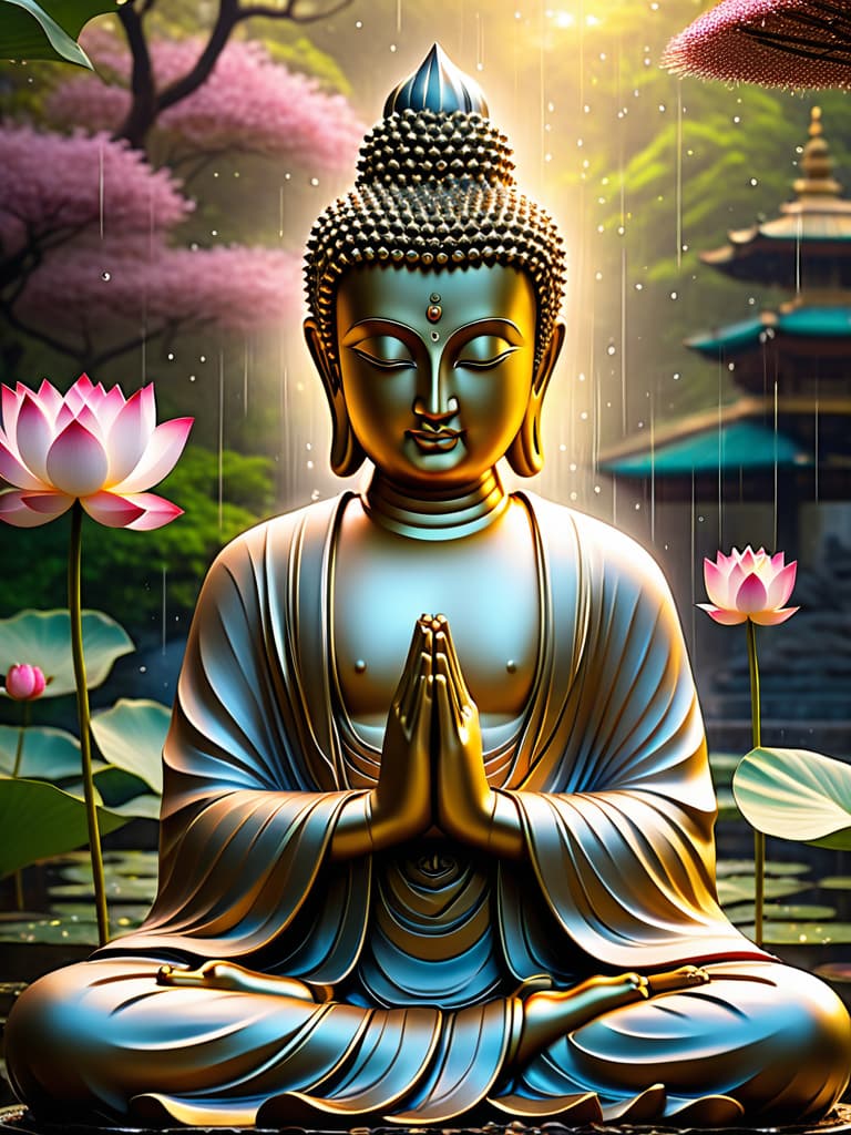  buddha statue, peaceful garden, rain falling, lotus flowers, meditation pose, golden aura, traditional attire, serene expression, surrealistic fantasy art, art station, golden ratio, hdr lighting, extreme close up, ee 70mm lens, front view, highly detailed, best quality, 4k, raw photo