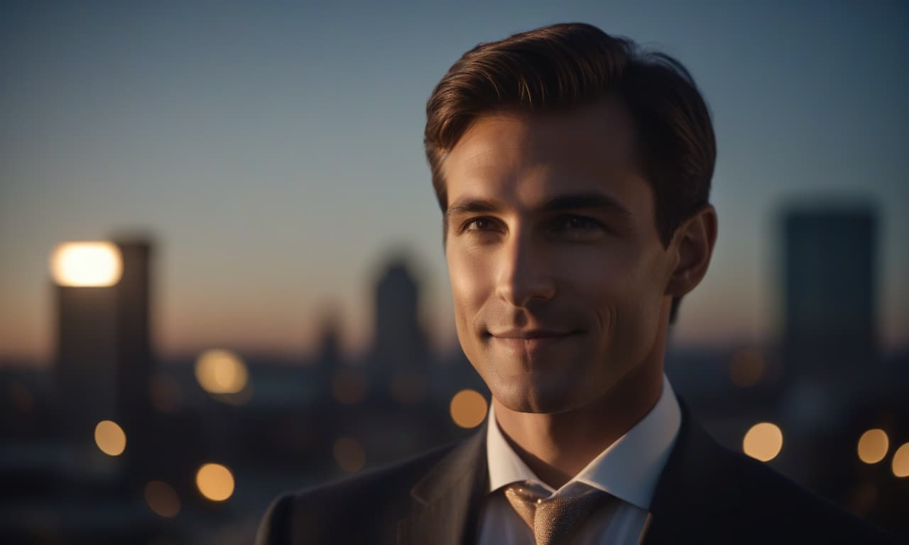  cinematic film still sunrise in the background, a piece of sun is visible, in the foreground a man in a suit on the side, looks at the camera, the face is illuminated by a spotlight in the front, slightly smiles, close up face, photorealism, in the background the city's silhouette in a blurred focus, advertising lights, slightly dark. . shallow depth of field, vignette, highly detailed, high budget, bokeh, cinemascope, moody, epic, gorgeous, film grain, grainy