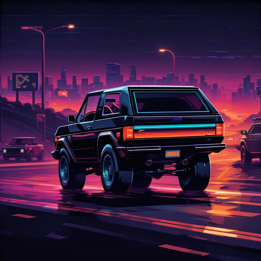  retro game art black, brutal lamborghini ford bronco at night on the highway . 16 bit, vibrant colors, pixelated, nostalgic, charming, fun