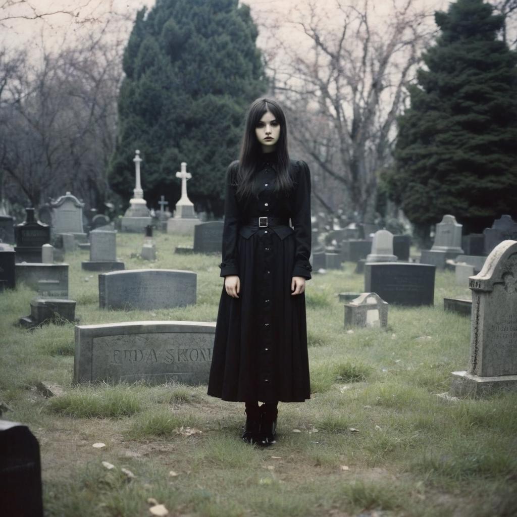  analog film photo goth girl in a grave yard. faded film, desaturated, 35mm photo, grainy, vignette, vintage, kodachrome, lomography, stained, highly detailed, found footage