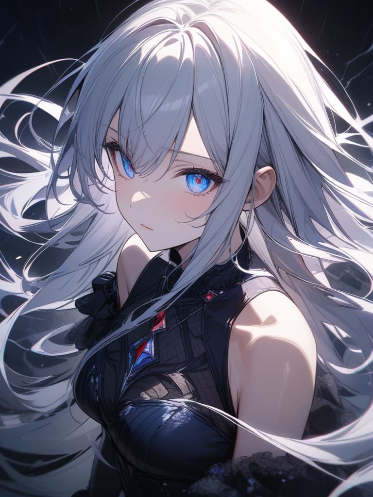  super long long hair, fluffy hair, thunderstorm cracks, silver, blue eyes, beautiful and delicate eyes, black flashy clothes, masterpiece, best quality,8k,ultra detailed,high resolution,an extremely delicate and beautiful,hyper detail