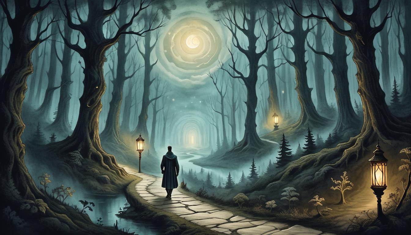  on parchment, surrealism+++, a focused traveler walking on a winding path, dark forest flanking both sides, lantern held high illuminating the way, path leading to a distant, glowing horizon, determination and purpose(mysterious, provocative, symbolic,muted color)+++