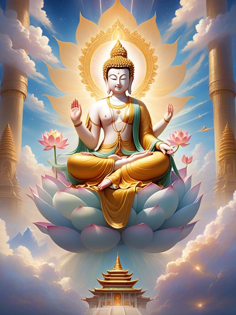  buddha seated majestically on a lotus throne in the celestial palace of the heavens. the buddha is depicted with a serene and compassionate expression, surrounded by a soft, radiant aura. he wears flowing golden robes with intricate patterns, symbolizing enlightenment and divine wisdom. the celestial palace is grand and ethereal, with towering, ornate pillars adorned with jewels and delicate carvings. the sky is filled with soft, glowing clouds and shimmering light, giving the scene a heavenly atmosphere. around the buddha, celestial beings and bodhisattvas are present, paying homage with graceful gestures, creating an aura of peace and reverence.