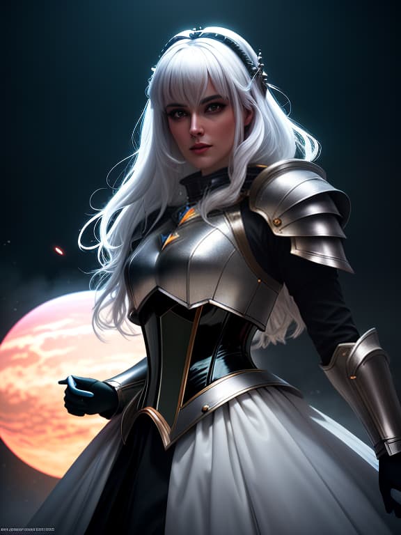  surrealistic image of a space theme, (planets, outer space, twilight), 1 young , a knight, looking at the viewer, with long hair, snow white hair color, closed armor made of metal, leather corset, metal shoulder pads, made of thin metal plates, lips parted, she is enveloped in an aura of warm neon luminescent light, (extremely detailed oil painting:1.2), glow effects, godrays, hand drawn, render, 8k, octane render, cinema 4d, blender, dark, atmospheric 4k ultra detailed, cinematic sensual, sharp focus, humorous ilration, big depth of field, masterpiece, colors, 3d octane render, 4k, concept art, trending on artstation, hyperrealistic, vivid colors, extremely detailed cg unity 8k wallpaper, trending on artstation, trendin hyperrealistic, full body, detailed clothing, highly detailed, cinematic lighting, stunningly beautiful, intricate, sharp focus, f/1. 8, 85mm, (centered image composition), (professionally color graded), ((bright soft diffused light)), volumetric fog, trending on instagram, trending on tumblr, HDR 4K, 8K