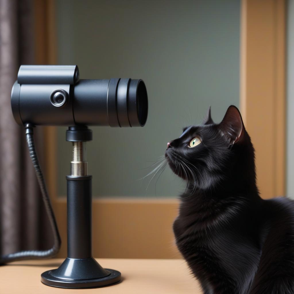  furry black cat looks into the periscope