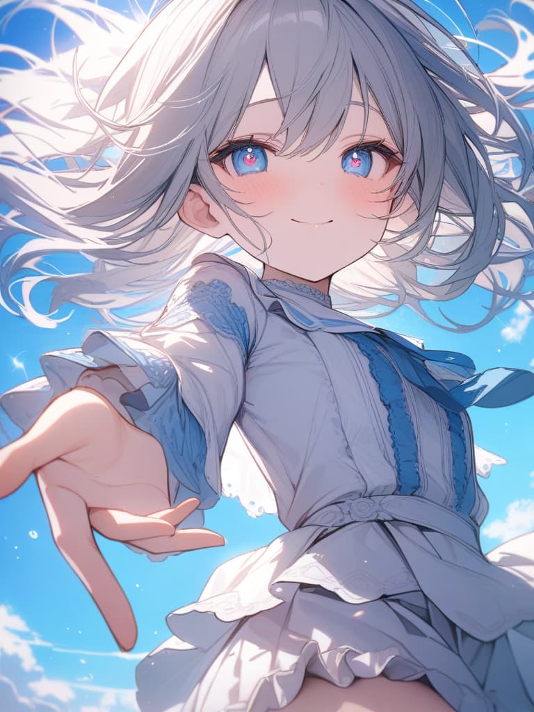  heart, smiling, girl, loli, hell, jumping, silver hair, light blue eyes, heart in the eyes, blue sky, masterpiece, best quality,8k,ultra detailed,high resolution,an extremely delicate and beautiful,hyper detail