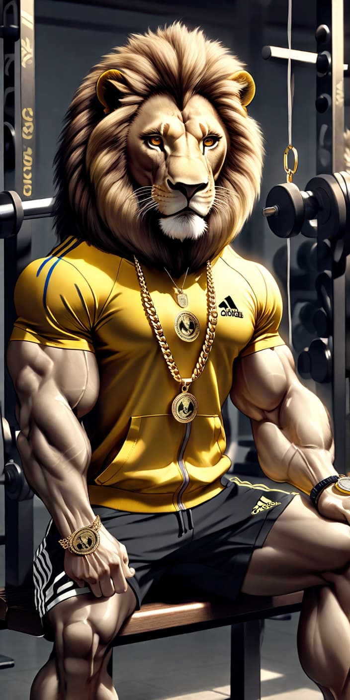  high quality, high detail, animal lion, lion in tracksuit "adidas", sits on a bench, hangs a gold chain with pendant "adidas" on his neck, on his hand watch gym, dumbbells on the floor, drawing, looks at the camera