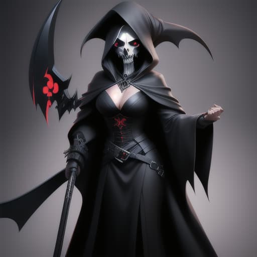 artistically drawn female Grimm Reaper, undead seductively eternal spector appearance represent that of the Grimm Reaper, deadly massive scythe, horror theme, nightmare, scary, spooky, masterpiece, high rez, full body, ultra detailed, ultra-realistic, unreal engine, hyper focus, attractive woman physique as the ruler to the gates to the underworld the Grimm Reaper, realistically detailed female Grimm Reaper head, award winning artistically drawn Grimm Reaper Scythe different unique variety, ultra-high detailed, epicly designed, award winning female Grimm Reaper appearance, epicly designed Scythe with intricate details, maniacally facial expression, evil, sadistic, nightmare, , high quality, highly detailed, sharp focus, 4K, 8K