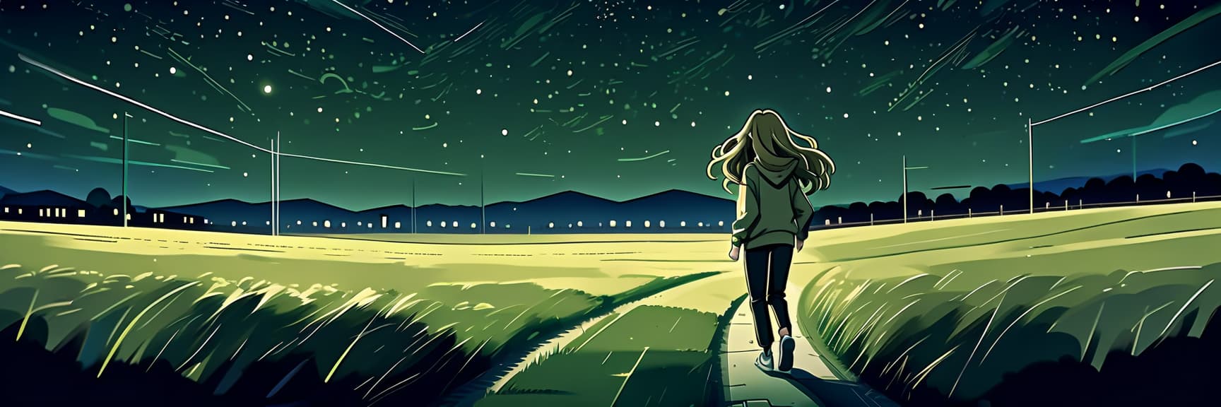  architectural style a girl in anime style with long hair runs around the field at night dressed in a khaki colored sweatshirt and pants. the girl looks at the starry sky at night with black lower eyelids under the eyes of a specific color full of fear of the unknown and curiosity. . clean lines, geometric shapes, minimalist, modern, architectural drawing, highly detailed