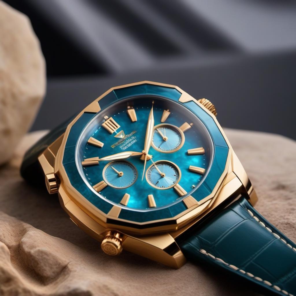  The future , 7000 year , very expensive watch , with aquamarine stone inside , soft star dusting on the stone , heptagonal shape of the watch , wavy hands made of gold , chronograph , stopwatch , pleasant soft moonlight inside the watch , leather strap , high detail , 5000K quality