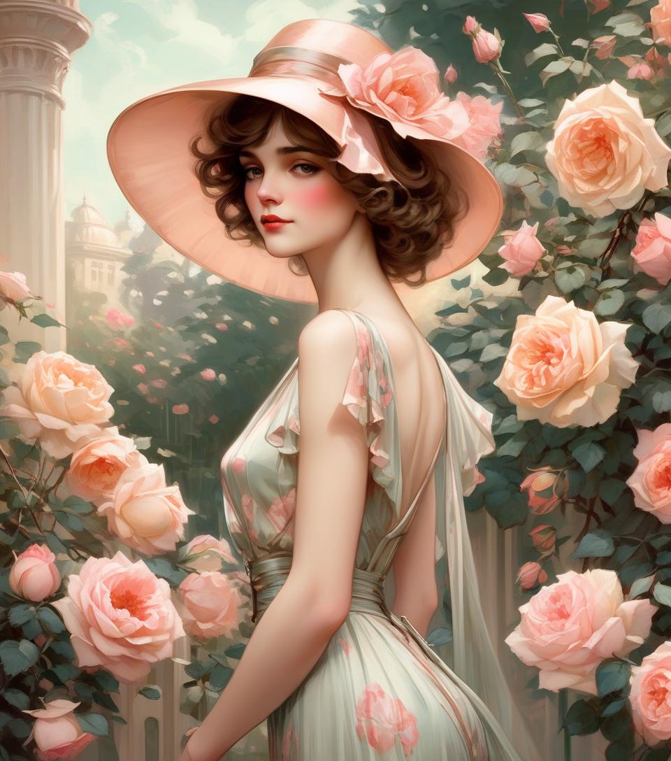  a woman in a hat and dress standing in a rose garden, inspirado em harrison fisher, retrato art nouveau, beautiful retro art, no estilo de arte de bowater, arte digital de um elegante, alphonse mucha e rossdraw, mucha estilo 4k, arte no estilo de guweiz, 1920s vibes, exquisite digital illustration