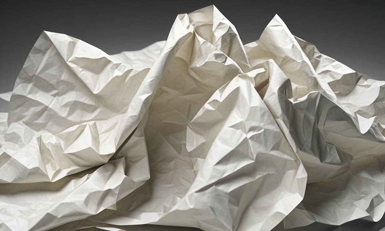  create a close up of a crumpled piece of paper with visible creases and folds, giving it a textured and wrinkled look. the paper should be white with subtle shadows on the folds, highlighting the depth and unevenness of the folds. the texture should be very detailed, showing different levels of light and shadow to create a realistic 3d effect. the overall look should be slightly worn, but not torn, giving it a natural, aged look.