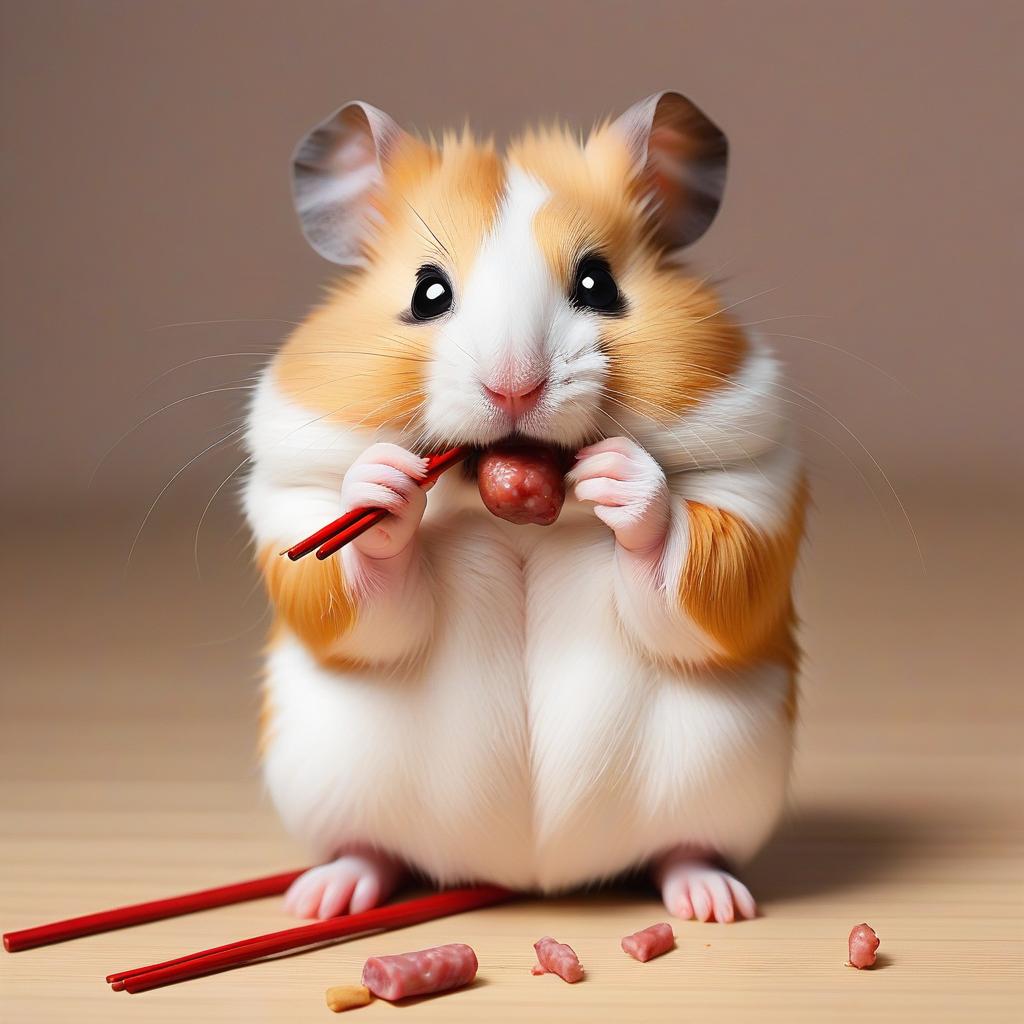  sad hamster eating sausage with chinese chopsticks, hkmagic