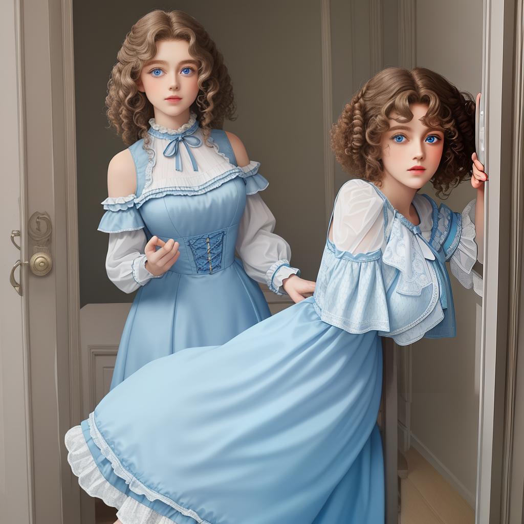  masterpiece, best quality, , curly hair just past shoulders, steel blue eyes, from 1880s, wearing 2 piece light blue day dress ,