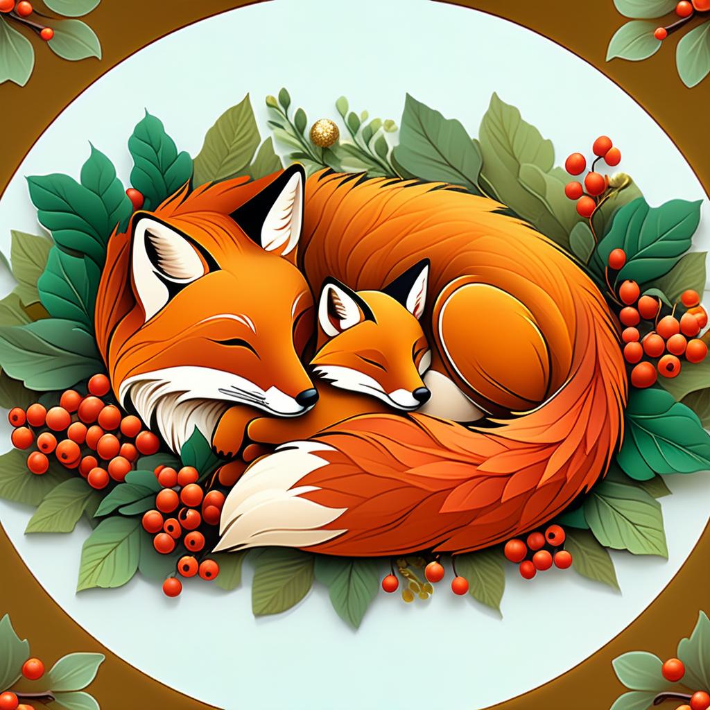  dreamscape (frame):gold round frame decorated with fancy oak leaves and rowan berries. (picture). animalism in fantasy style: little fox sleeping in the arms of big mum fox. appearance of a fox:sweetly sleeping curled up in a ball. (colours):orange, red, white, beige, gold, all shades of green, brown, brown gold. (style):animalism, fantasy, fairy tale, tenderness, kindness, calmness, cartoon . surreal, ethereal, dreamy, mysterious, fantasy, highly detailed, civitai, hkmagic hyperrealistic, full body, detailed clothing, highly detailed, cinematic lighting, stunningly beautiful, intricate, sharp focus, f/1. 8, 85mm, (centered image composition), (professionally color graded), ((bright soft diffused light)), volumetric fog, trending on instagram, trending on tumblr, HDR 4K, 8K