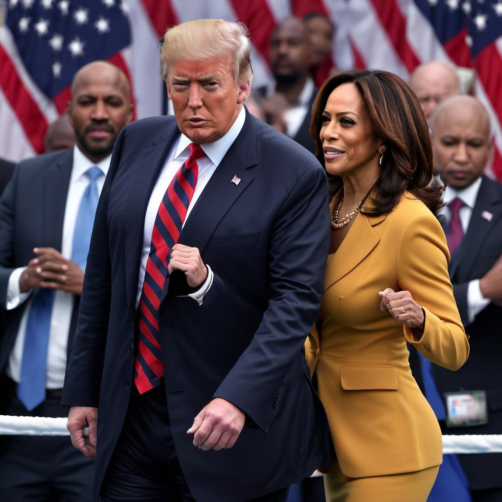  trump vs kamala harris and trump is giving her the knockout punch  hyperrealistic, full body, detailed clothing, highly detailed, cinematic lighting, stunningly beautiful, intricate, sharp focus, f/1. 8, 85mm, (centered image composition), (professionally color graded), ((bright soft diffused light)), volumetric fog, trending on instagram, trending on tumblr, HDR 4K, 8K