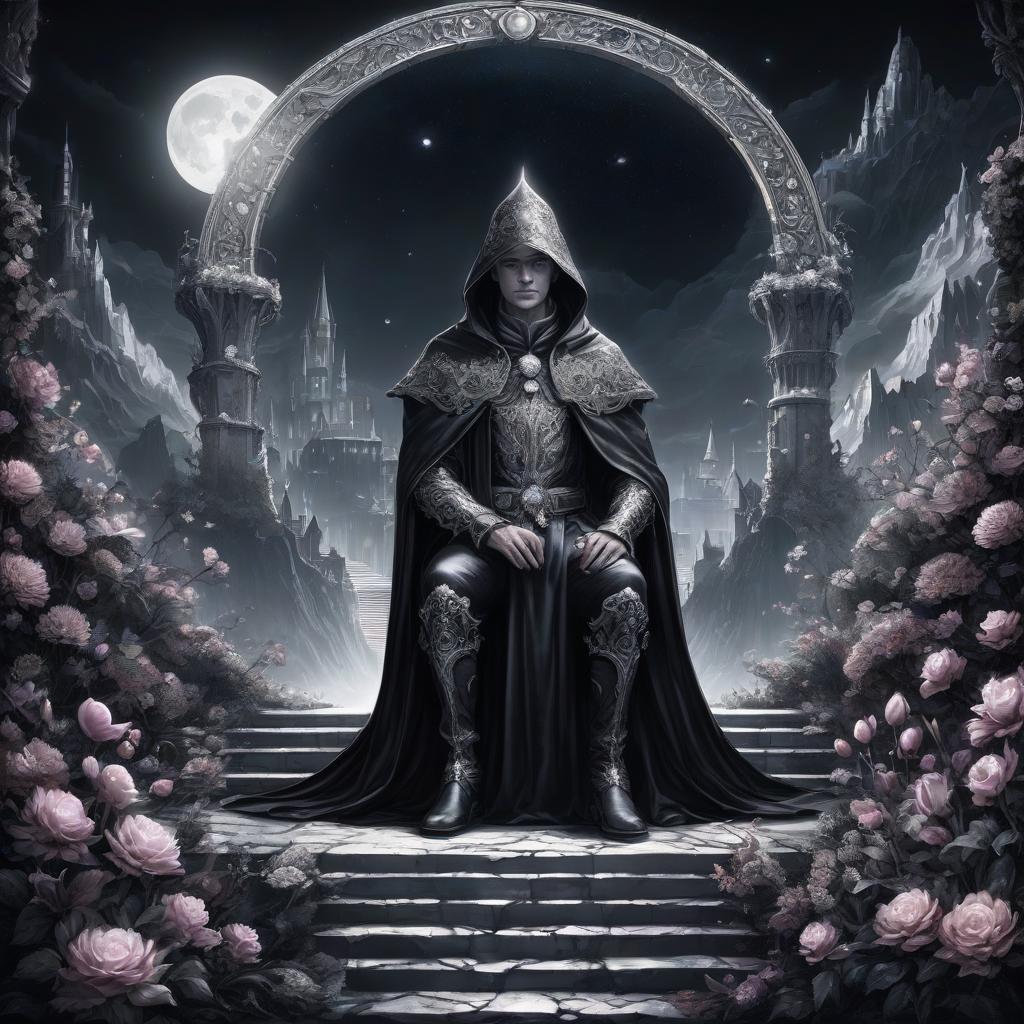  judge on the throne. black dungeon. a man in a cloak and hood. the man in the grotto. coloring book. flowers. two colors: black, white. pearls. some multicolored porridge. luminous pearls. iron castle. there is a moat in front of the castle. a castle in the mountains. a gloomy castle. baroque, rococo, cyberpunk. moon. moonlight. big moon. silver rays.