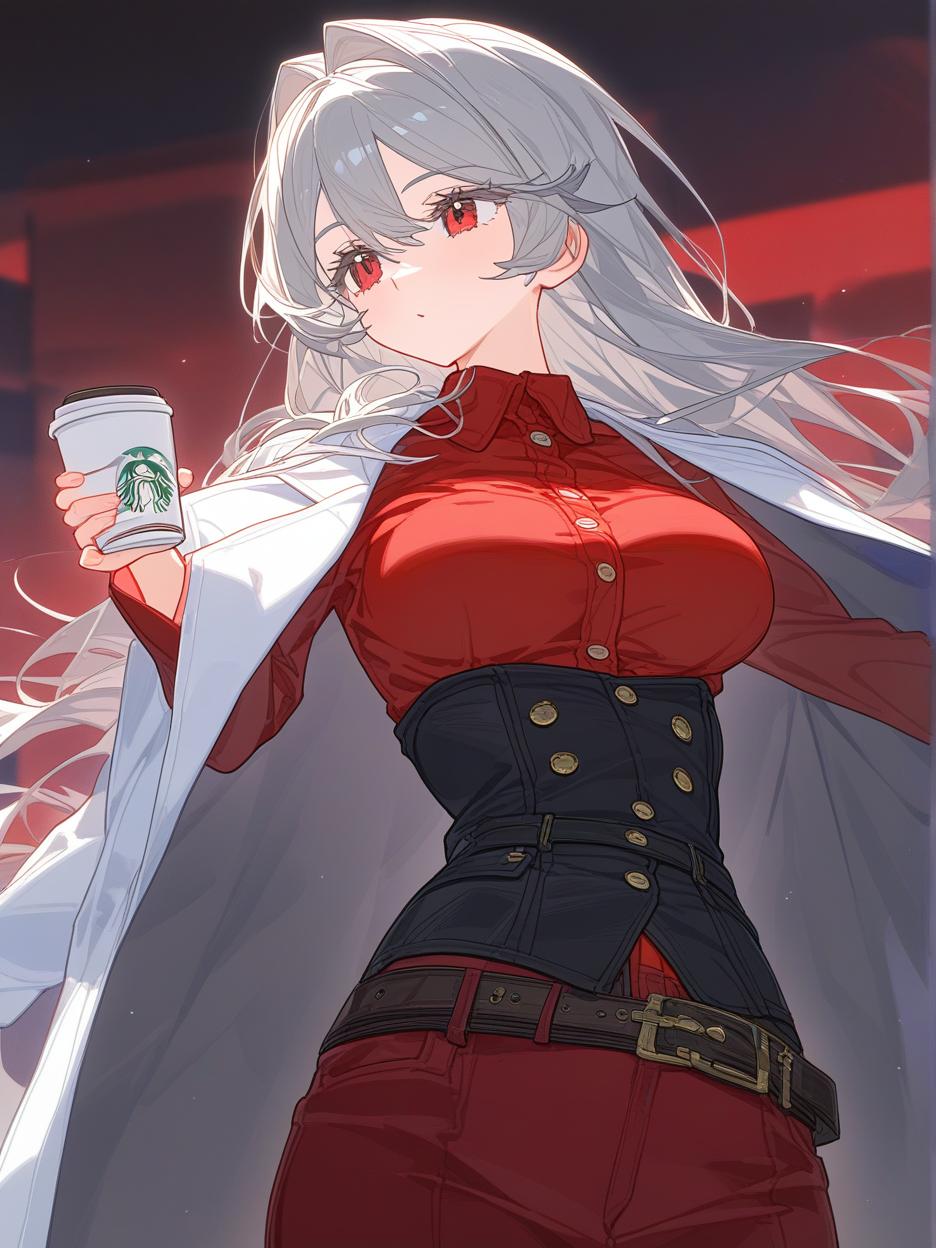  a strong woman, silver long hair. she has deep, beautiful red eyes that are very prominent, white eyelashes that are very prominent in the eyes. she wears dark dress pants. a red shirt with buttons on the front seam, two thin belts under the bust. a light gray lab coat on the shoulders. a very strong and slender body, his strong abdomen shows in the red shirt. the background is a futuristic area where people practice combat in the background. she has a cup of coffee in her hands. well highlighted eyes with white eyelashes details, 8k. . best quality, high resolution