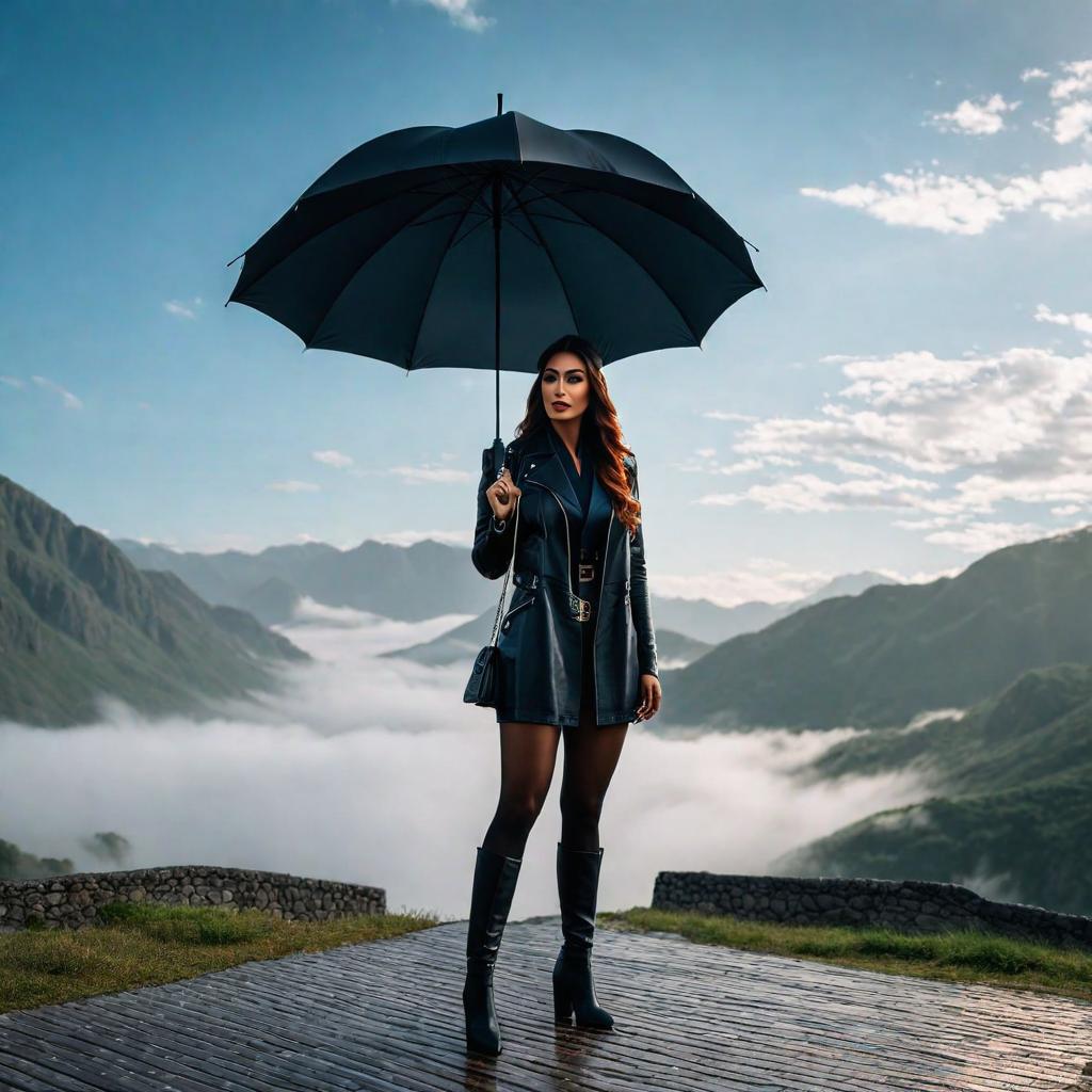  water mark,a gril stading with umbrella, symmetrical balance, in frame, 8k hyperrealistic, full body, detailed clothing, highly detailed, cinematic lighting, stunningly beautiful, intricate, sharp focus, f/1. 8, 85mm, (centered image composition), (professionally color graded), ((bright soft diffused light)), volumetric fog, trending on instagram, trending on tumblr, HDR 4K, 8K