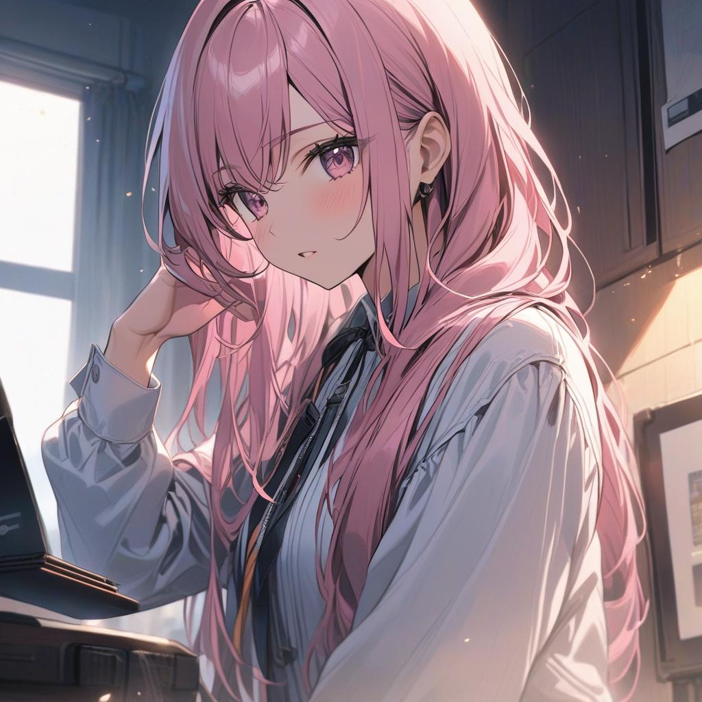  1 girl in the middle of cutting her own hair with scissors. half of her hair is already cut short and the other half is still very long. pink hair. very detailed hair., award winning, professional, highly detailed, masterpiece