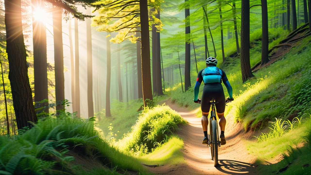  a vibrant mountain biking scene featuring a cyclist navigating a winding forest trail, surrounded by lush greenery, sun dappled trees, and a distant mountain range under a clear blue sky, capturing the essence of outdoor fitness and adventure. hyperrealistic, full body, detailed clothing, highly detailed, cinematic lighting, stunningly beautiful, intricate, sharp focus, f/1. 8, 85mm, (centered image composition), (professionally color graded), ((bright soft diffused light)), volumetric fog, trending on instagram, trending on tumblr, HDR 4K, 8K