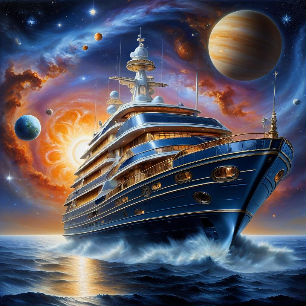  space themed yacht, sea, sun, rococo, oil, canvas, high quality image . cosmic, celestial, stars, galaxies, nebulas, planets, science fiction, highly detailed