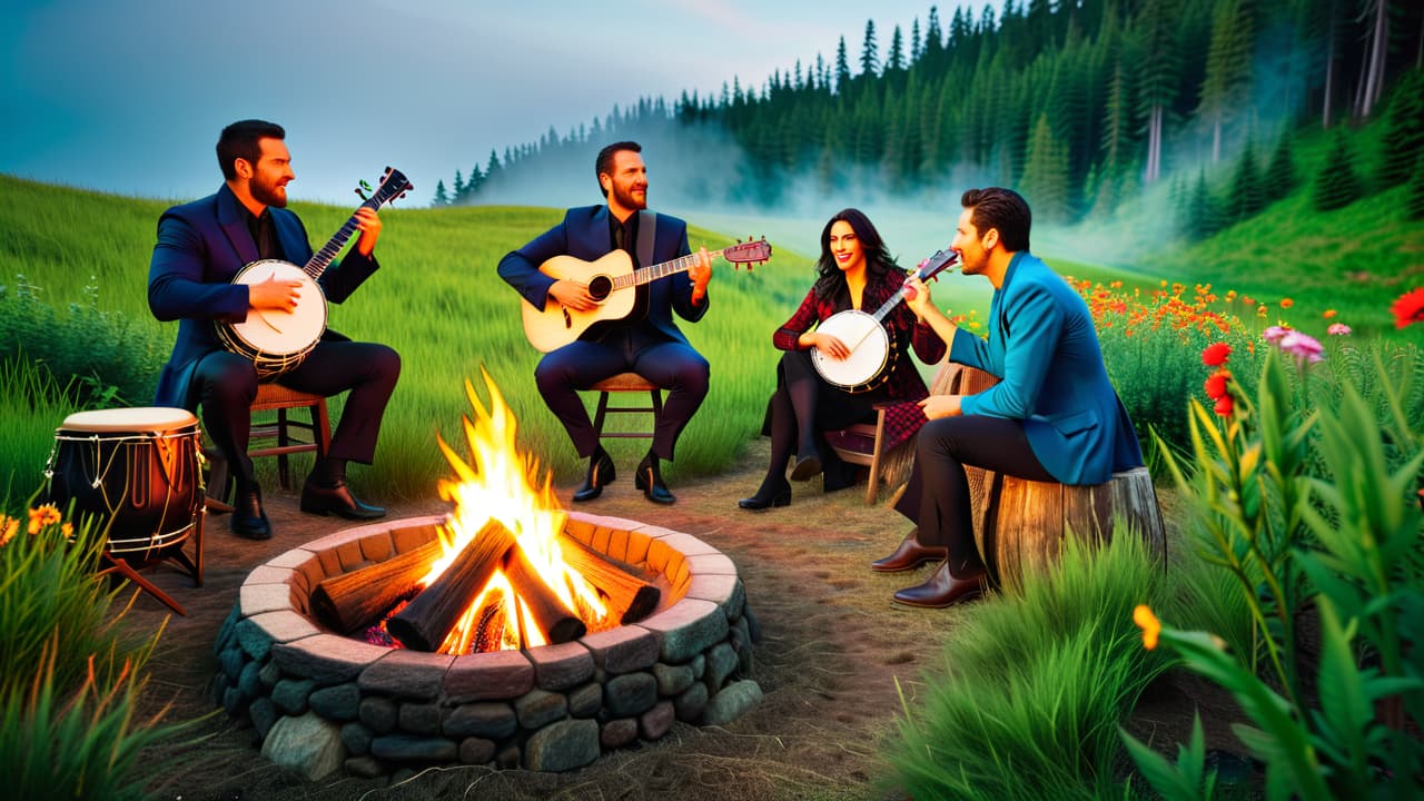  a cozy, rustic scene featuring musicians playing traditional instruments like banjos and fiddles around a campfire, surrounded by lush greenery and colorful wildflowers, evoking a warm, communal atmosphere of folk music heritage. hyperrealistic, full body, detailed clothing, highly detailed, cinematic lighting, stunningly beautiful, intricate, sharp focus, f/1. 8, 85mm, (centered image composition), (professionally color graded), ((bright soft diffused light)), volumetric fog, trending on instagram, trending on tumblr, HDR 4K, 8K