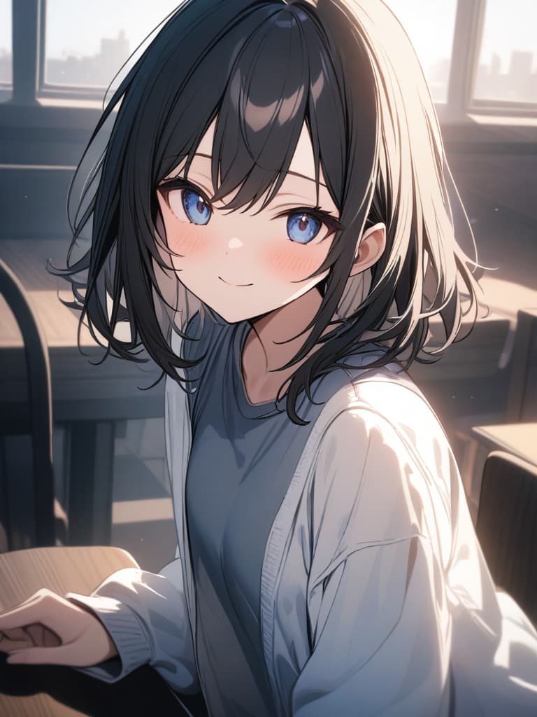  black hair, short hair, hair tip blue, smiling, cute, gradation, tight, masterpiece, best quality,8k,ultra detailed,high resolution,an extremely delicate and beautiful,hyper detail